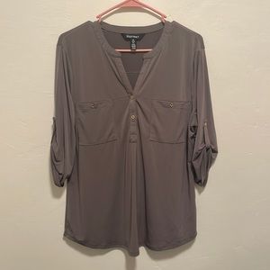Gray Ellen Tracy blouse with gold buttons on the front and sleeves